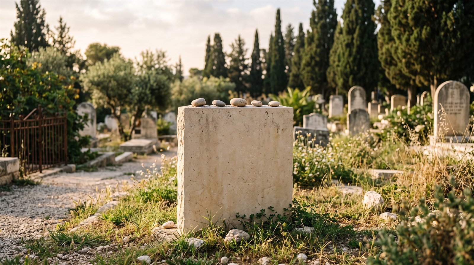 מצבת אבן ירושלמית בבית עלמין שקט עם חלוקי אבן מונחים עליה